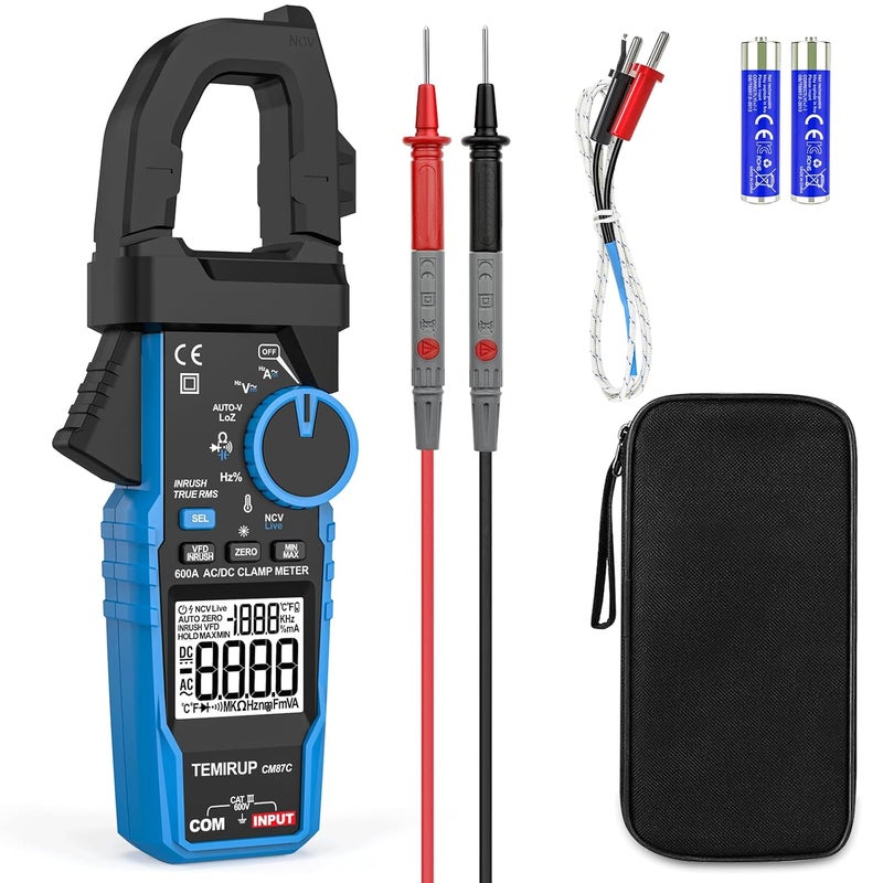 Temirup Clamp Meter, Digital Inrush Clamp Meter Multimeter 6000 Counts 600A Voltage Tester with VFD, LOZ, Volt Amp Meter Measures AC/DC Voltage Current Continuity Capacitance Resistance Temperature - Image 1